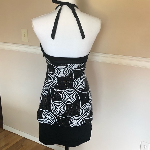 Cache Black & White Swirl Sequin Halter Dress - Picture 2 of 3